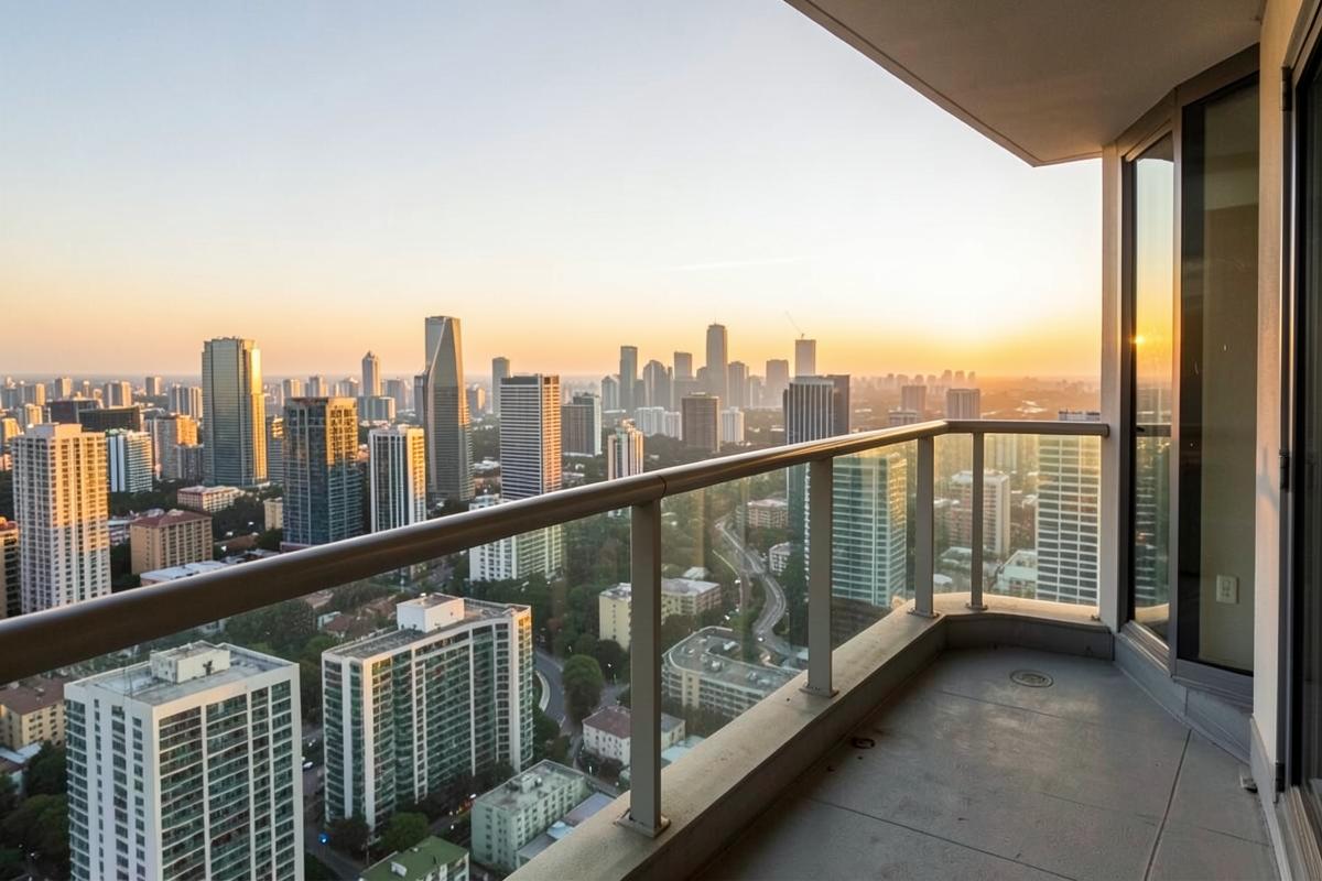 City skyline seen from an apartment balcony